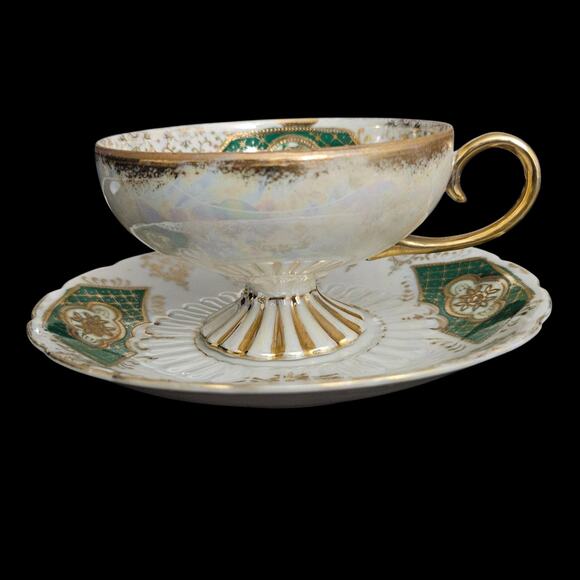 Royal Sealy Japan Pedestal Luster Footed Teacup & Saucer Green Gold Floral - Picture 2 of 10